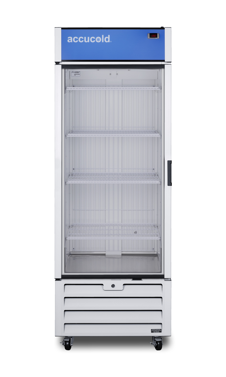 21.34 cu.ft. upright commercial display freezer with self-closing glass door, front lock, and white cabinet